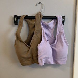 ANYBODY RIB KNIT SEAMLESS COZY LOUNGE BRALETTE SET OF 2 NEW LG BROWNIE & LILAC